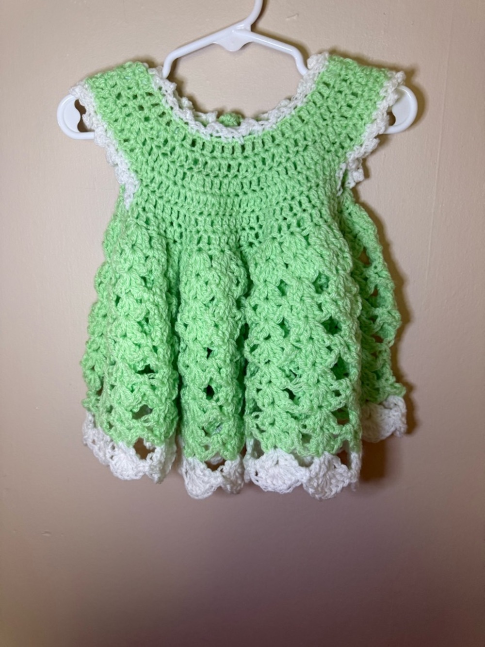 Hand Crafted Crochet Baby Dress in Mint Green with White Trim